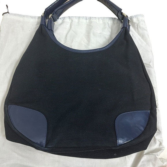 Kate Spade Purse Shoulder Bag Round Navy Blue Black Canvas Chic Minimalist - Picture 3 of 8